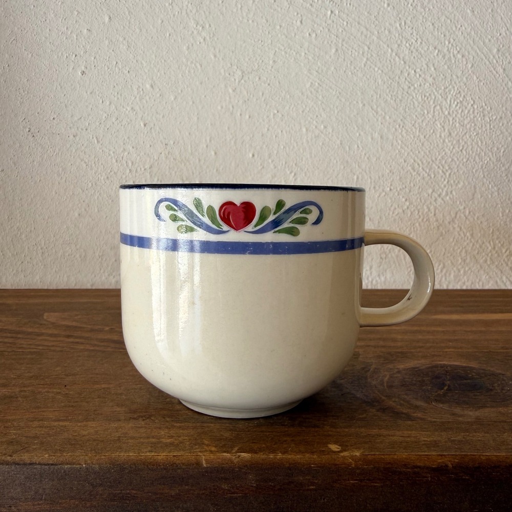 Vintage Tienshan Folk Dance Hearts Scrolls Stoneware Coffee Mug Cup